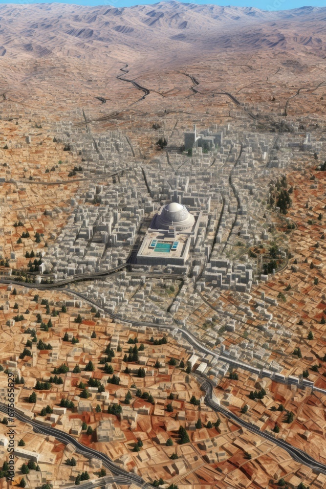 Poster an aerial view of a city in the desert. this image can be used to showcase urban development in arid