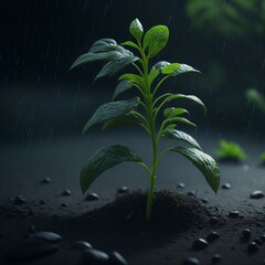 A young plant is growing in the rain-soaked ground
