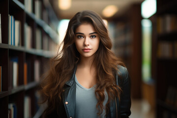 young indian woman standing at college library