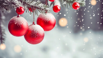 Fototapeta na wymiar Christmas and New Year background with fir tree branches covered with snow and balls.
