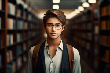 young boy standing at library
