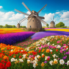 dutch windmill with beautiful flowers in the field
