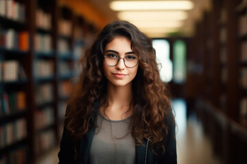 young indian woman standing at college library