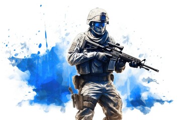 A picture of a soldier holding a gun. This image can be used to depict military personnel, armed forces, or security-related themes