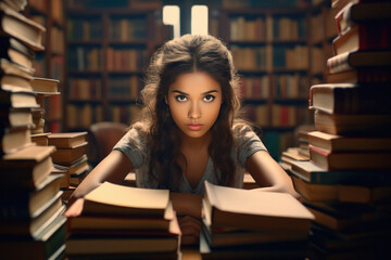 College girl sitting in library with many books