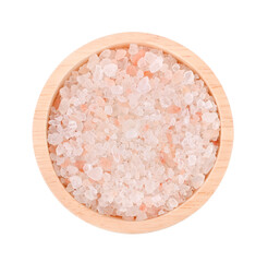 Himalayan Pink salt in wood bowl on transparent png..