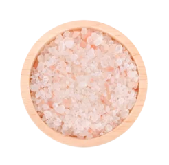 Keuken foto achterwand Himalaya Himalayan Pink salt in wood bowl on transparent png..