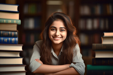 Young college girl sitting in library with many books and smiling