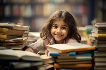 Indian little girl sitting in library with many books