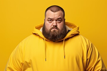 Fototapeta premium Depressed overweight man standing in modern studio, Portrait of tried chubby man