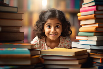 Indian little girl sitting in library with many books - obrazy, fototapety, plakaty