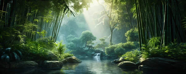Foto op Canvas Tranquil bamboo forest borders a serene lake, creating a picturesque and harmonious scene. Tall, slender bamboo stalks rise towards the sky. © Rabbit_1990