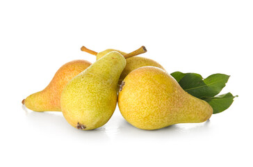 Ripe pears with leaves on white background