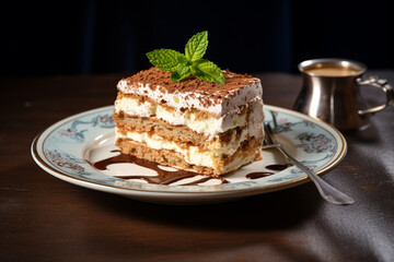 A piece of delicious tiramisu italian dessert cake topped with fresh mint leaves and served on a ceramic plate with a fork isolated  on table. Generative AI.
