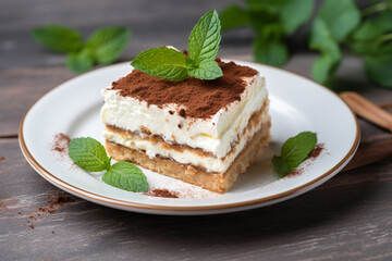 A piece of delicious tiramisu italian dessert cake topped with fresh mint leaves and served on a ceramic plate with a fork isolated  on table. Generative AI.