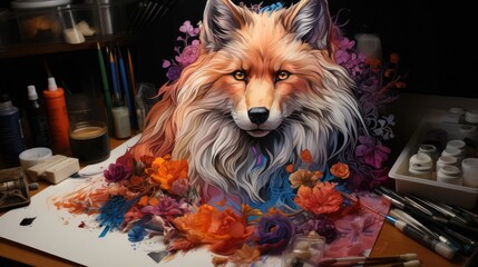 Beautiful creative artist drawing of abstract fox animal on canvas