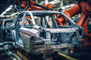 Fototapeta premium Automobile production line. Welding car body. Modern car assembly plant. Auto industry. Interior of a high-tech factory, modern production.