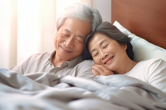 Asian elderly couple in love, man and woman lie in bed. Love and romance. Family idyll. Happy morning for lovers. Valentine's Day.