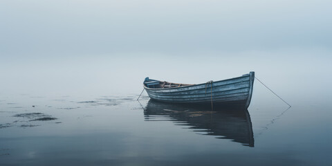 The wooden boat is a lone traveler on the ocean's expanse, its form hazy in the foggy, rain-draped surroundings