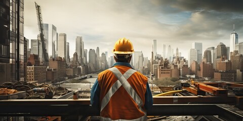 Rear view of engineer looking at construction site with skyscrapers