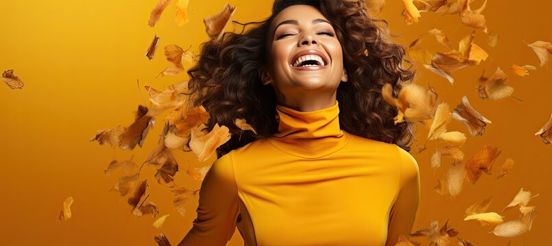 A young beautiful girl is laughing with her mouth wide open against the background of autumn leaves. Generated by AI.