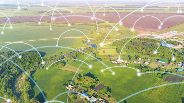 smart rural concept. Agriculture and technology. Communication network, artificial intelligence in agriculture infographics added to the photo, selective focusing, tinted image