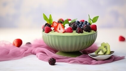 Assorted Fruit in Green Bowl with Pink Cloth