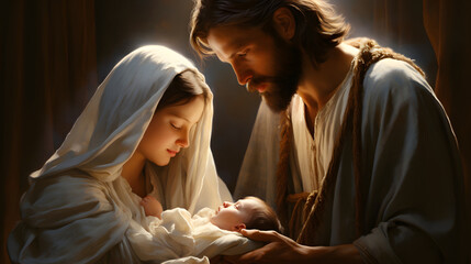 Virgin Mary and Joseph holding baby Jesus, nativity - obrazy, fototapety, plakaty