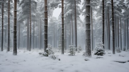 Fototapeta na wymiar A hushed pine forest blanketed in snow, with a gentle mist adding a touch of mystery to the serene landscape.