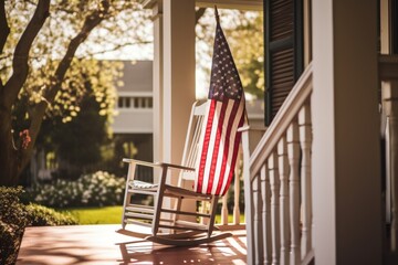 Presence of USA flag on building porch expresses patriotism reflecting love for country. USA flag on porch of house unmistakably radiates sense of patriotism signifying national allegiance