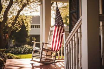 Presence of USA flag on building porch expresses patriotism reflecting love for country. USA flag on porch of house unmistakably radiates sense of patriotism signifying national allegiance - Powered by Adobe