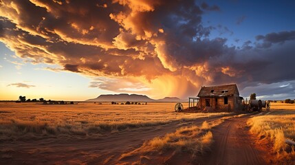 Fototapeta premium Abandoned House in Field at Sunset