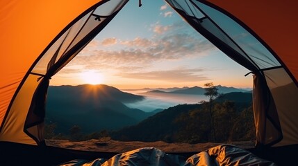 Breathtaking mountain landscape unfolds from tent revealing towering peaks and nature beauty at sunrise. Mountain landscape comes presenting with majesty of towering peaks of natural world