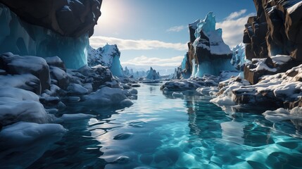  A crystal-clear frozen stream runs between snow-covered ice formations under a bright blue sky in a polar landscape.