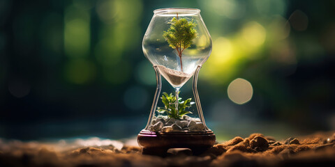 Time seems to flow with the water, nurturing the tiny tree in this unique hourglass world - obrazy, fototapety, plakaty