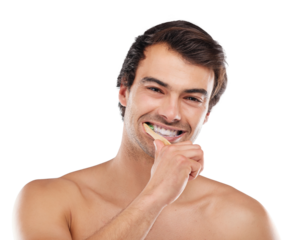 Dental portrait, brushing teeth and happy man with toothbrush, toothpaste and smile for morning routine. Tooth cleaning, hygiene and face of person with oral gum health on transparent, png background