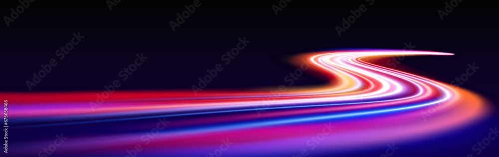 Poster high speed race curve lines with glow neon effect. blue and pink luminous dynamic trail of fast car 