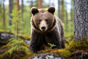 Obraz premium A fierce ursus arctos or giant brown bear walks through the green abundant pine forest. Generative AI.
