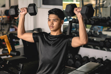 A young asian man in a black moisture-wicking polyester shirt doing a set of seated dumbbell presses at the gym. Shoulder workout and training. - obrazy, fototapety, plakaty