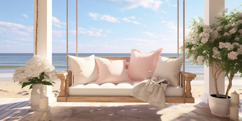 The swing on the porch offers a rhythm to the sounds of waves and the soft beach breeze - obrazy, fototapety, plakaty