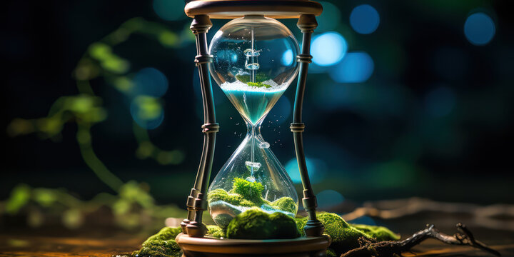 The hourglass, with its miniature tree and flowing water, captures the essence of time and life entwined within glass