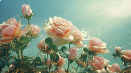 Beautiful pastel roses in dreamy landscape
