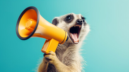 Meerkat with a megaphone making an announcement - obrazy, fototapety, plakaty