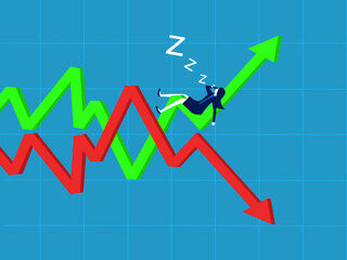 Accept volatility. Businesswoman lies on the uncertainty of the up and down graph. vector