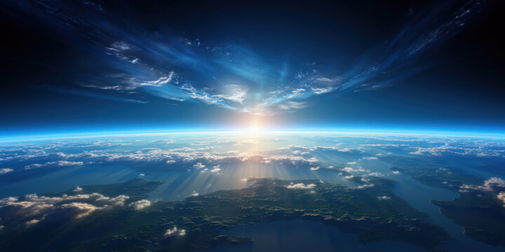 From above, the planet Earth appears as a majestic orb, swirling with clouds and vast blue oceans