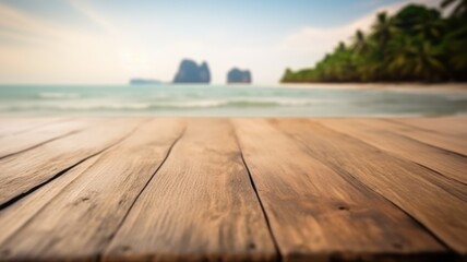 The empty wooden table top with blur background of Thailand beach. Exuberant image. generative AI