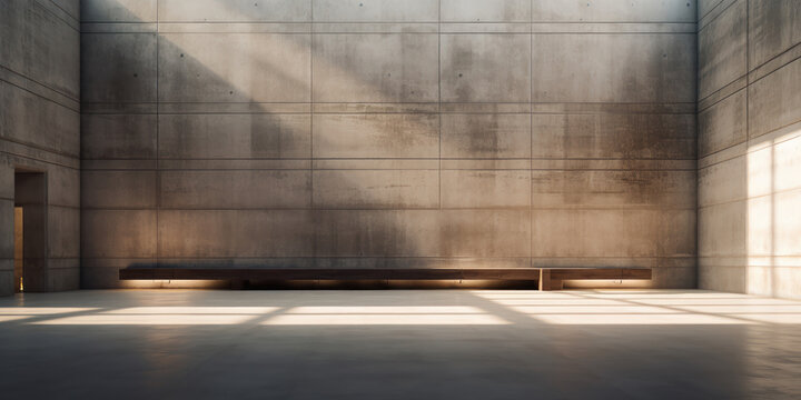 The room's simplicity is highlighted by the lights, giving life to the cold concrete surroundings