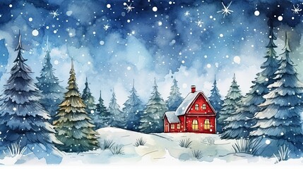 Watercolor illustration of a snowy landscape with pine trees and a red house under the snow in Christmas.