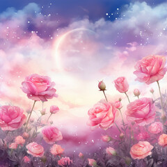 Fototapeta premium Fantasy magical morning or evening sky with fabulous romantic pink rose flowers garden, shining stars and mysterious clouds Illustration, Generative Ai