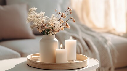 Flowers in vase and burning candles in living room, cosy winter interior home decor, calm and relax living mockup arrangement - obrazy, fototapety, plakaty